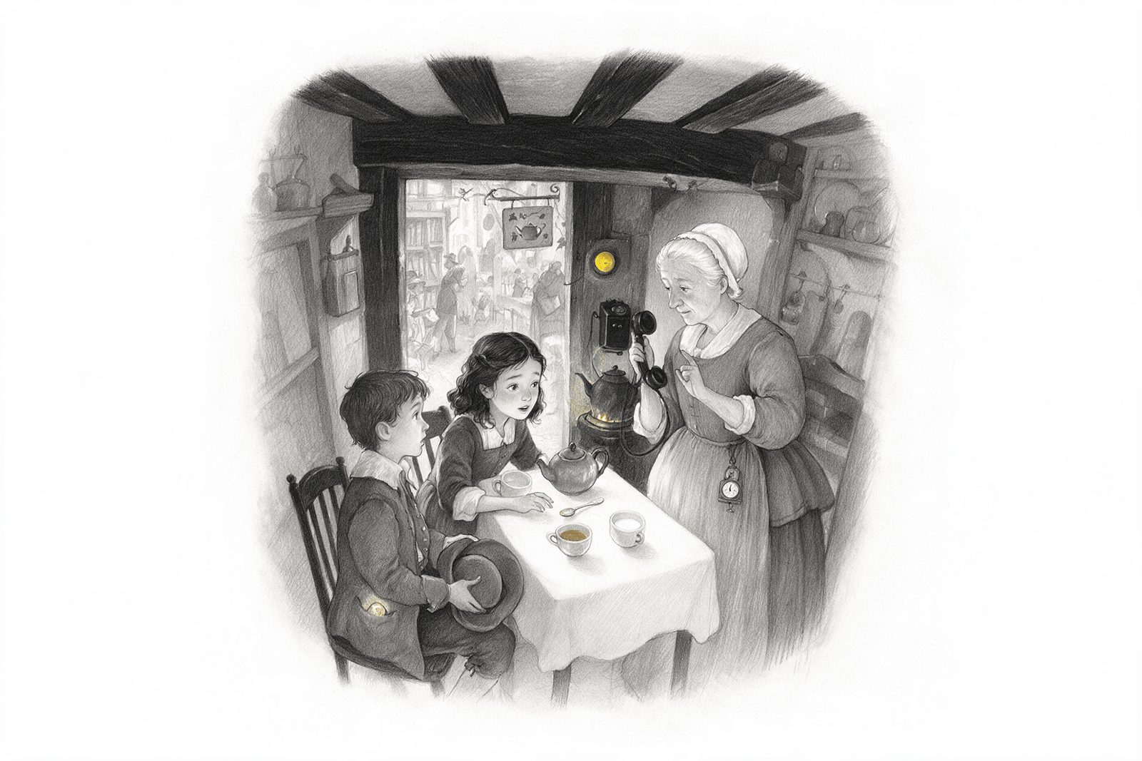 Pencil illustration: The Tea Room